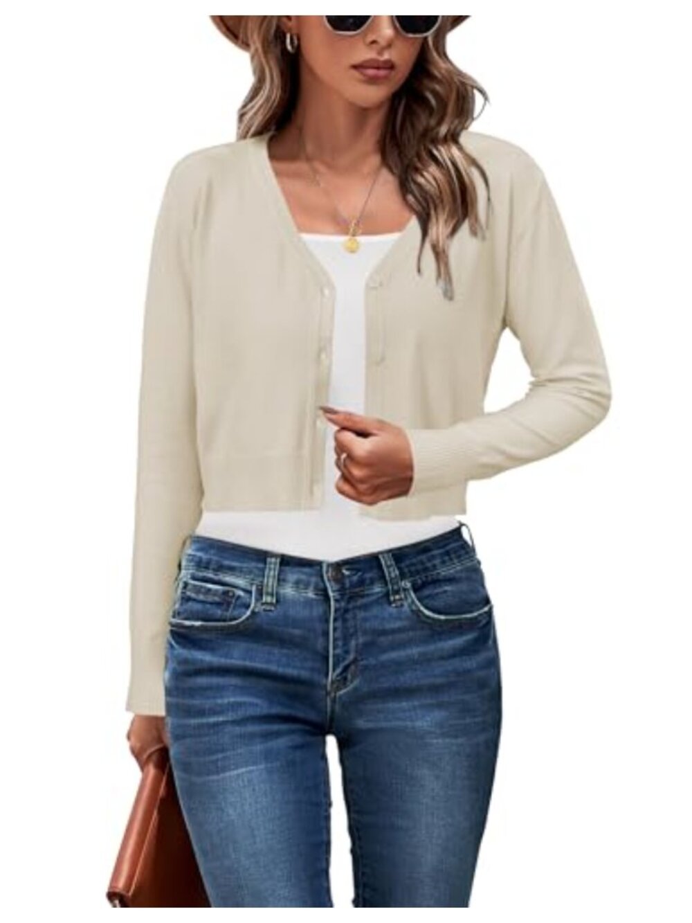 Cropped Cardigan Knit Bolero Shrug Long Sleeve V Neck Button Down Sweater